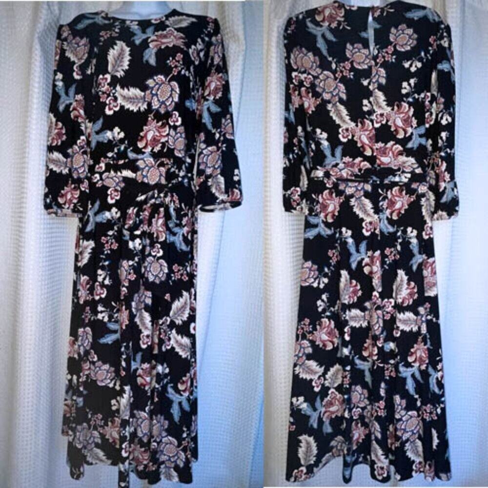 Lauren Ralph Lauren Floral Midi Dress Women’s 8 Black Belted Long Sleeve